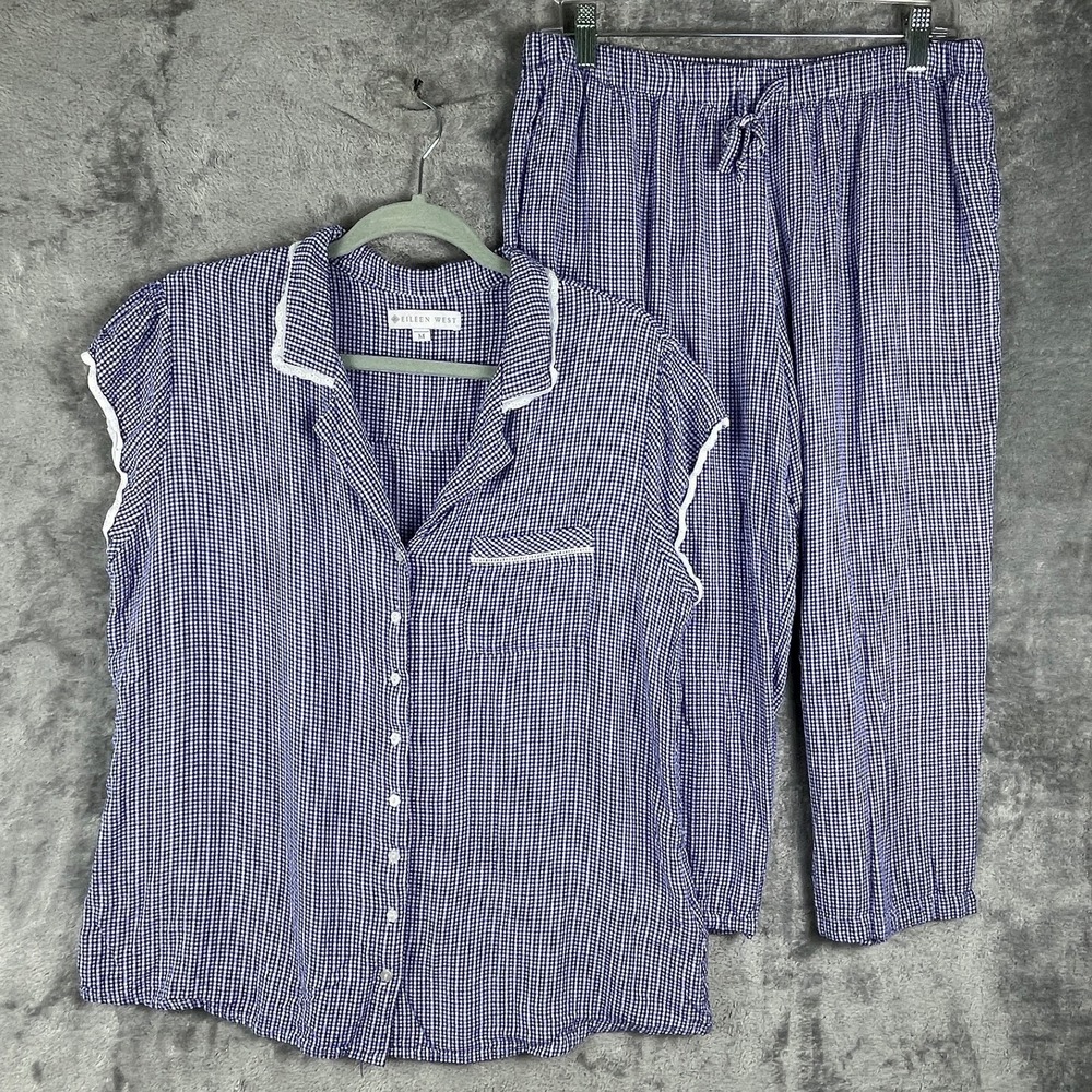 Eileen West Pajama Set Womens M Blue White Gingham Plaid Top Pants Loungewear
